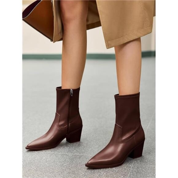 Womens Pointed Toe Ankle Boots Chunky Stacked Heel Side Zipper Leather - Picture 3 of 7